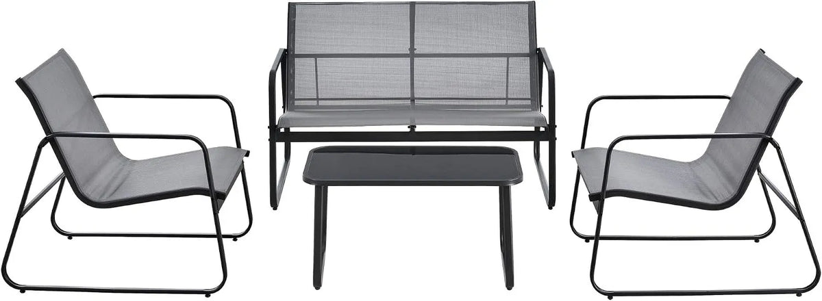 Salon de jardin et ensemble lounge – PVC, en verre, en polyester, en acier, Ensemble de 4, gris