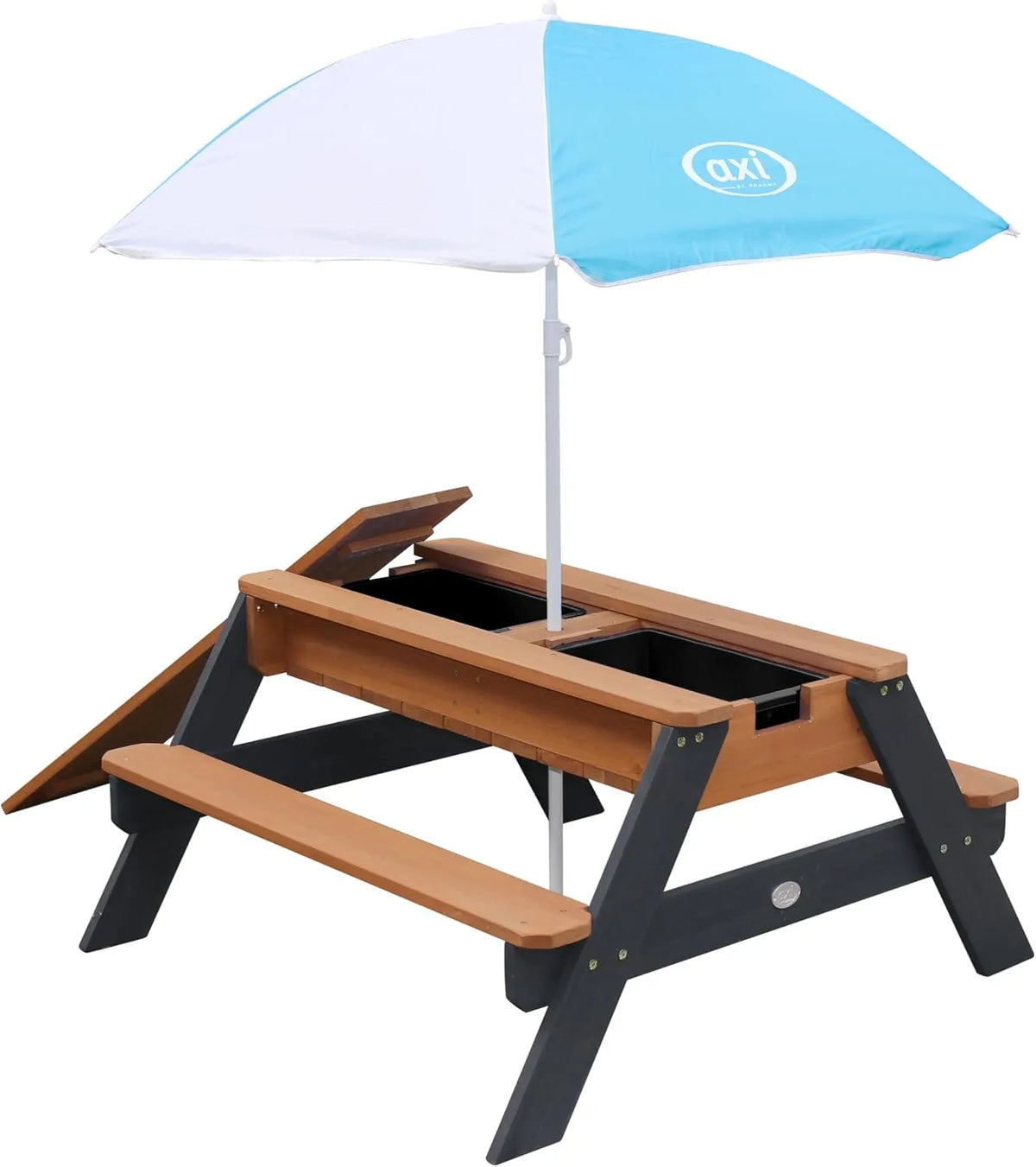 Nick Table Sable et Eau/Pique Nique avec Parasol en Bois: avec rangement, 95 × 97 × 48 cm, gris