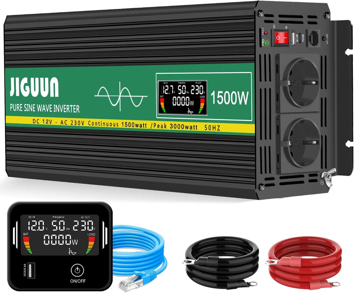 JIGUUN 1500W Convertisseur 12V 220V Pur Sinus Onduleur transformateur