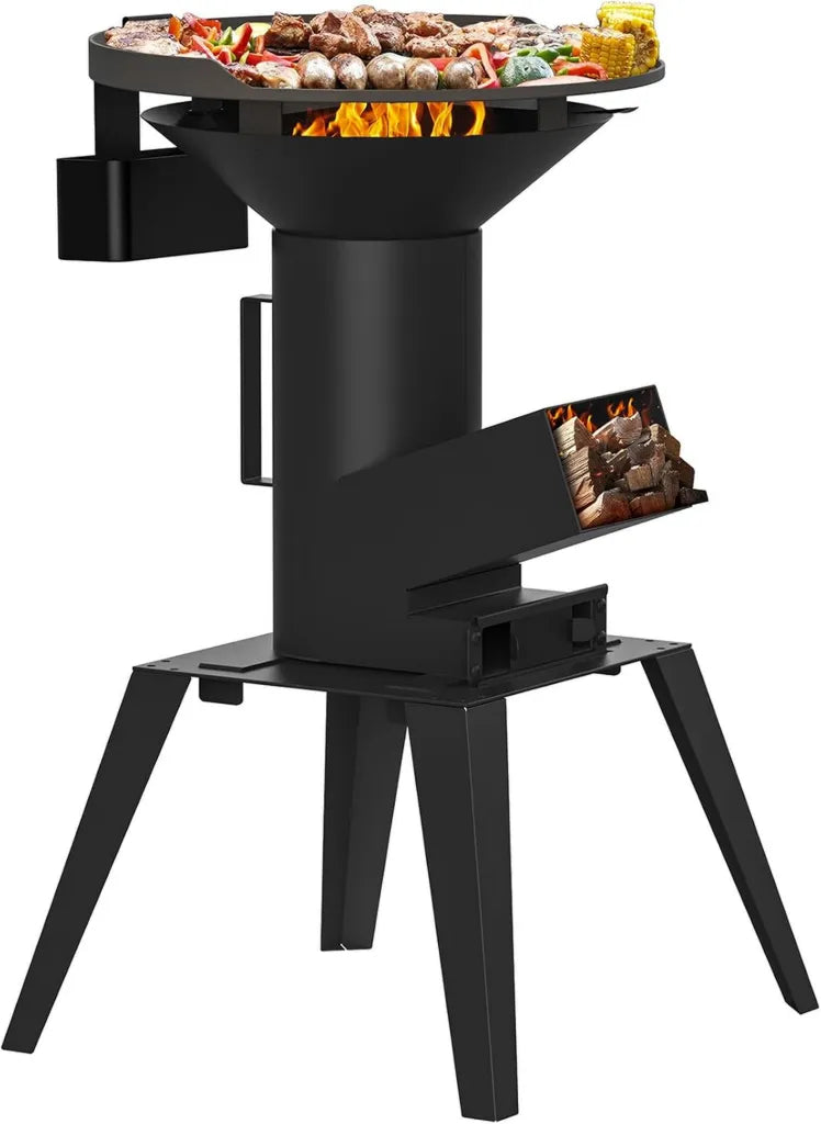 Réchaud Rocket 3 en 1 avec Plaque, Poignée et Bois/Pellets, Pour Camping et Réunions Amicales