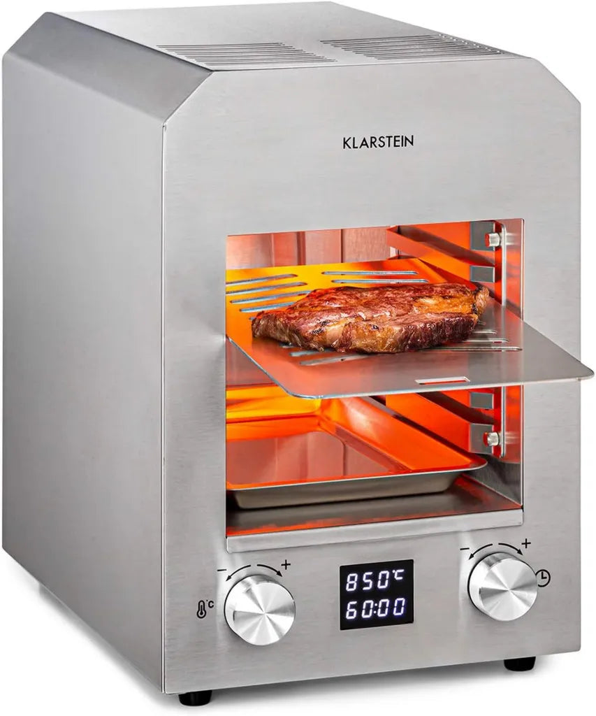 Gril Intérieur KLARSTEIN Hannibal 2200W, Température jusqu'à 850°C, Chauffage Infrarouge, CharForce, 18,5x30cm, LED & Minuterie