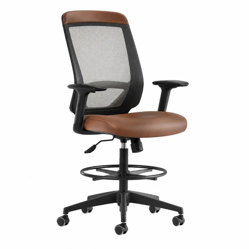 Chaise de bureau haute réglable avec repose-pieds dossier en maille polyester assise PU marron noir 66 x 66 x 112-132 cm