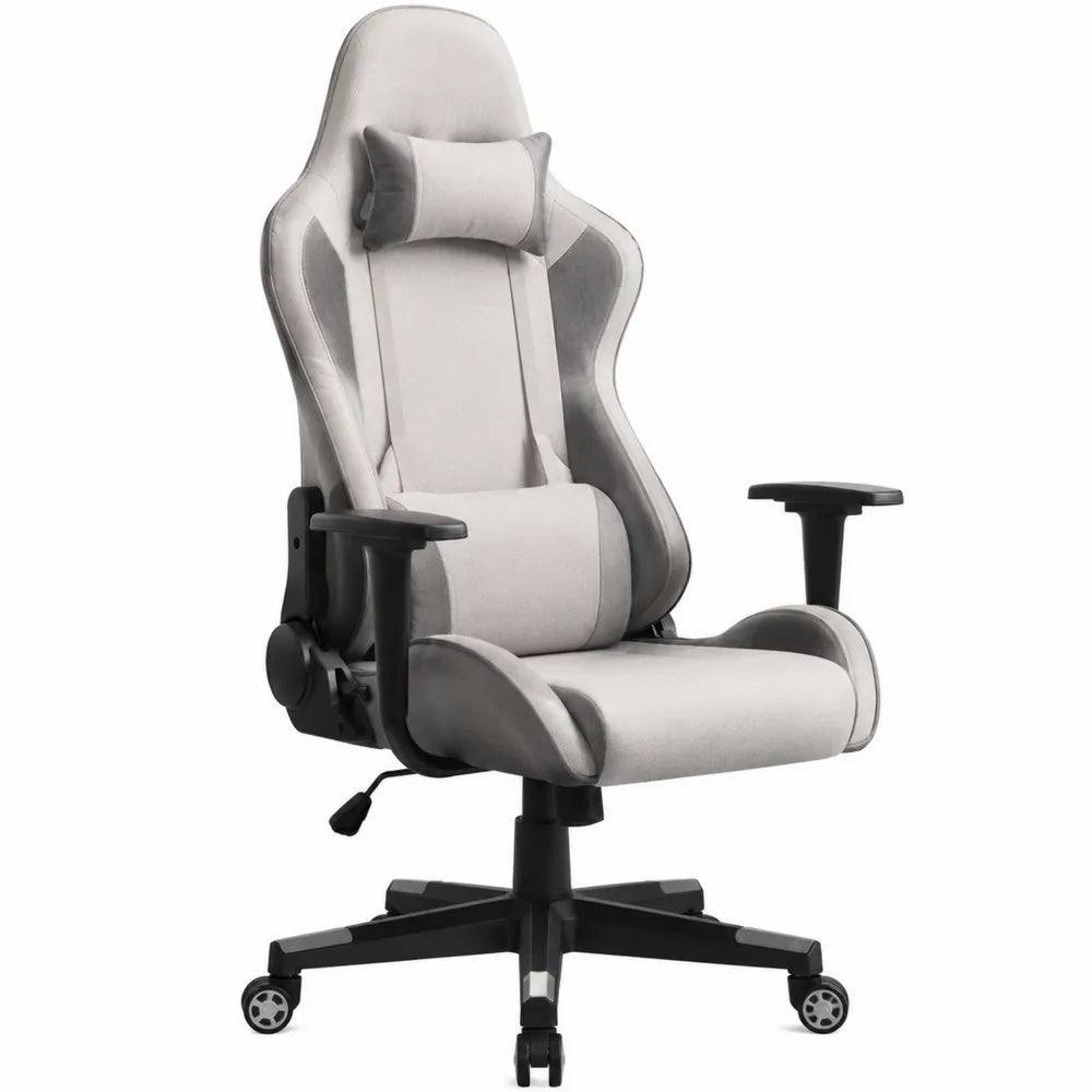 Chaise gaming de bureau pivotante inclinable avec coussins revêtement polyester gris clair gris foncé noir base polypropylène à roulettes 68 x 70 x 122-132 cm