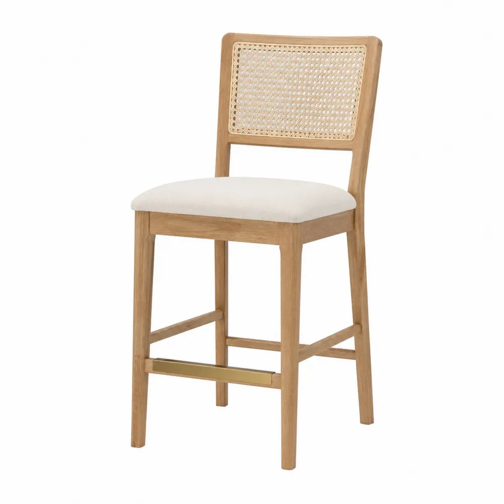 Tabouret de bar avec dossier en rotin cannage hévéa massif naturel assise polyester beige repose-pieds laiton 48 x 52 x 108 cm