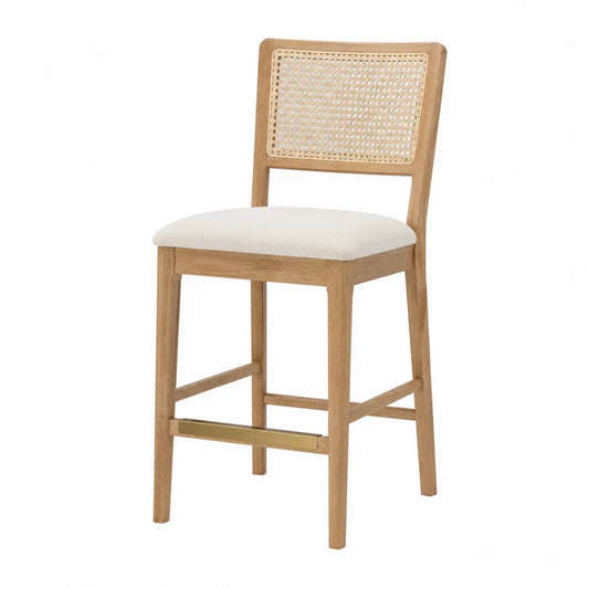 Tabouret de bar avec dossier en rotin cannage hévéa massif naturel assise polyester beige repose-pieds laiton 48 x 52 x 108 cm