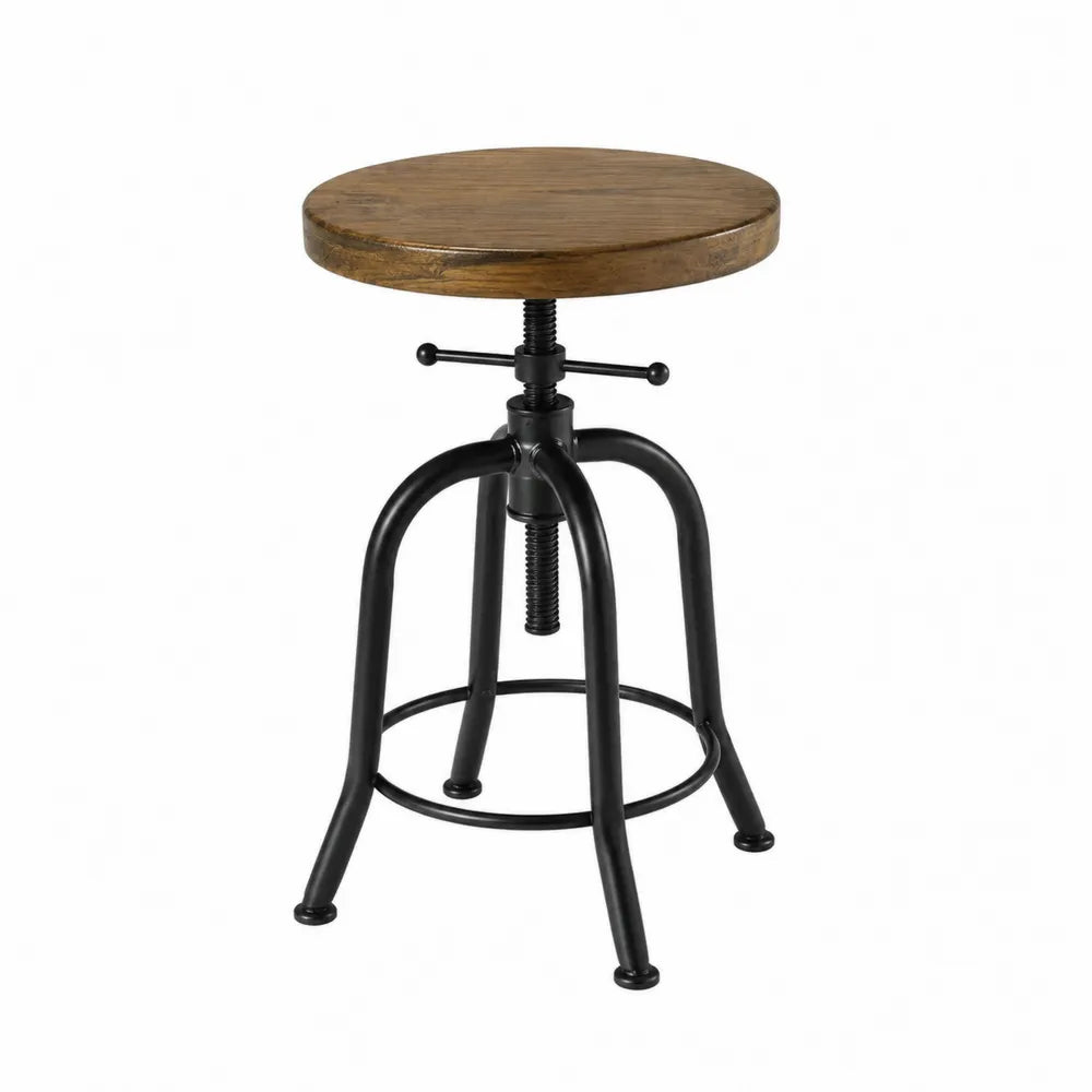 Tabouret de bar réglable en hauteur 45 x 45 x 62 à 78 cm assise ronde hévéa massif acier noir brun