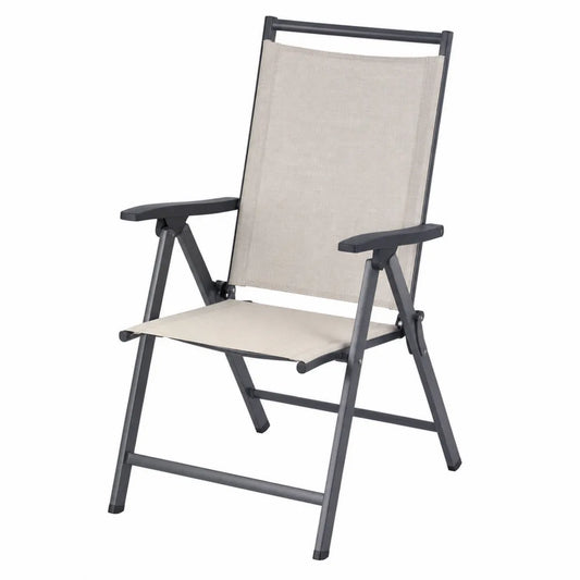 Chaise de jardin pliante inclinable avec accoudoirs 61 x 68 x 110 cm textilène beige cadre en acier gris anthracite