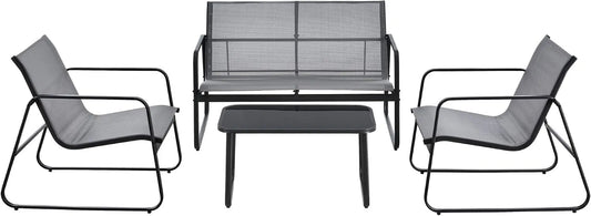 Salon de jardin et ensemble lounge – PVC, en verre, en polyester, en acier, Ensemble de 4, gris