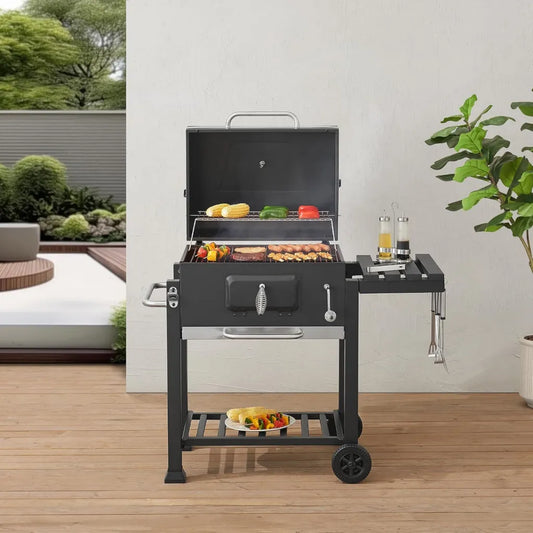 Chariot Barbecue au Charbon avec Grille Ajustable et Étagère Pliante