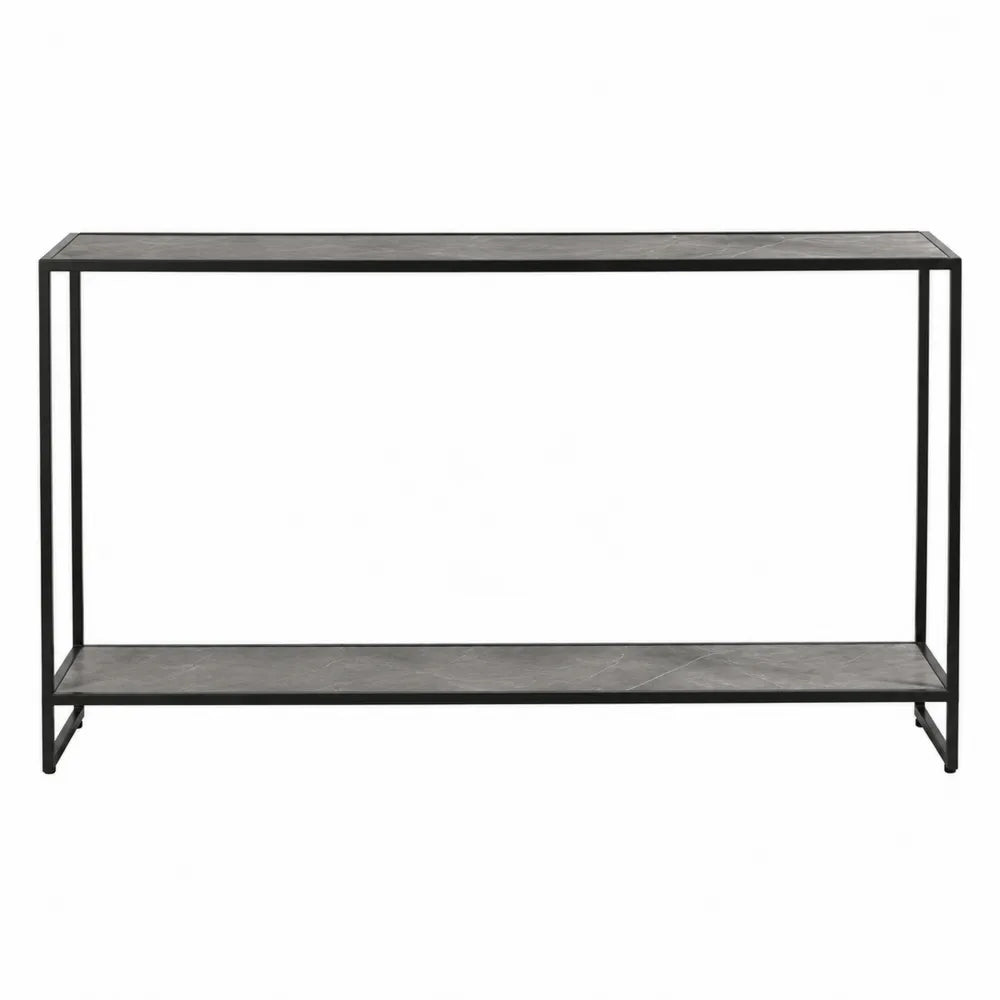 Table console rectangulaire 2 niveaux 120 x 35 x 80 cm cadre en acier thermolaqué noir plateaux en MDF effet pierre gris foncé