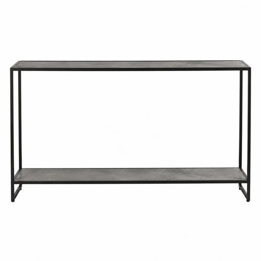 Table console rectangulaire 2 niveaux 120 x 35 x 80 cm cadre en acier thermolaqué noir plateaux en MDF effet pierre gris foncé