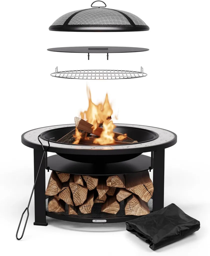 Blumfeldt Merano Brasero Extérieur 3-en-1 : Barbecue, Table et Foyer en Acier avec Plateau en Terrazzo
