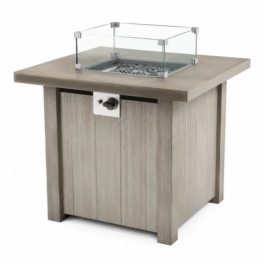 Table brasero à gaz carrée 86 x 86 x 72 cm composite effet bois gris avec pare-vent en verre trempé