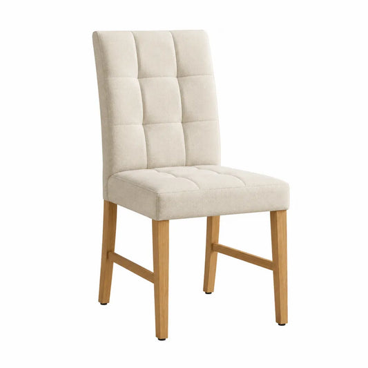 Chaise de salle à manger capitonnée sans accoudoirs revêtement polyester beige pieds en hévéa massif naturel 48 x 60 x 104 cm