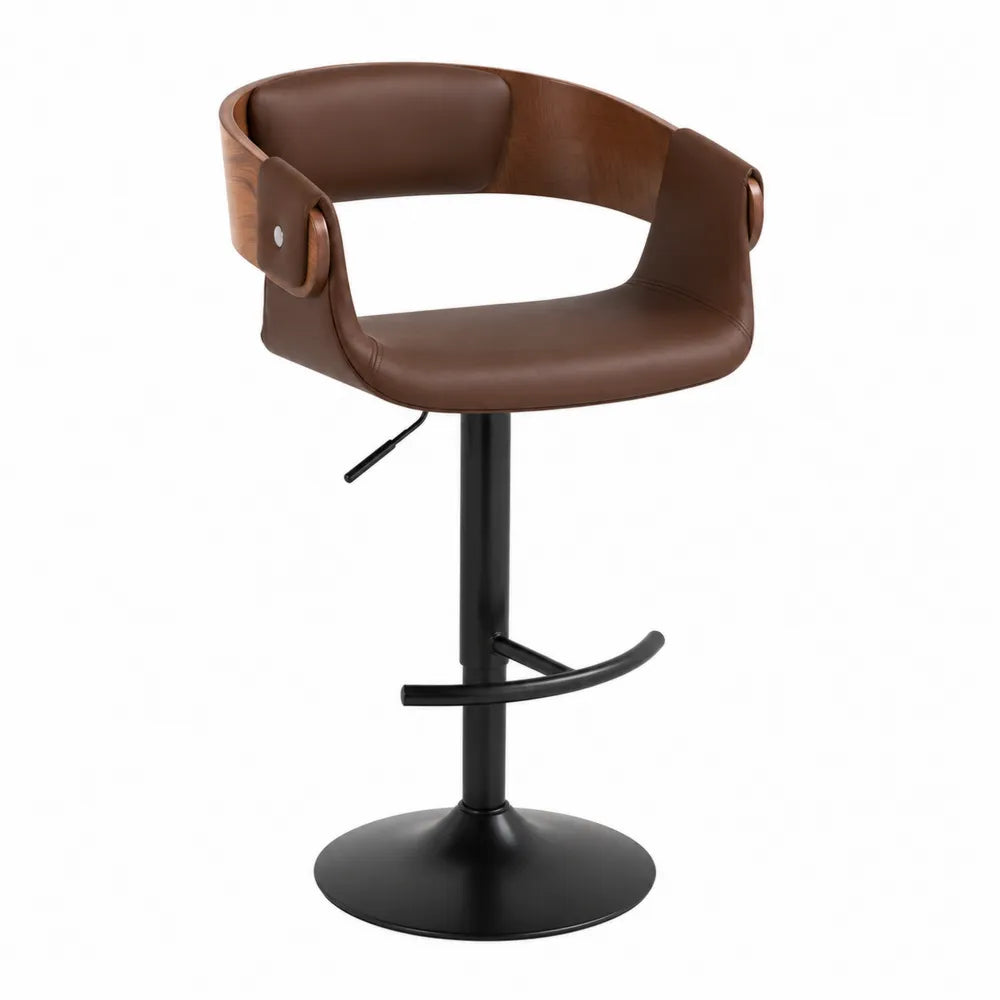 Tabouret de bar réglable en hauteur pivotant avec dossier enveloppant revêtement PU brun base acier noir 56 x 54 x 90-111 cm