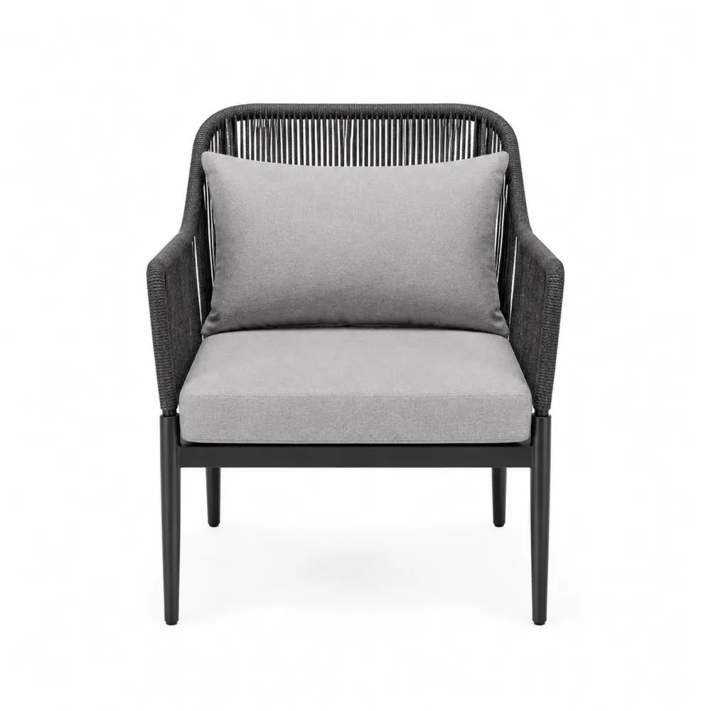 Fauteuil de jardin 1 place en aluminium et corde polyester noir avec coussins gris 72 x 68 x 82 cm