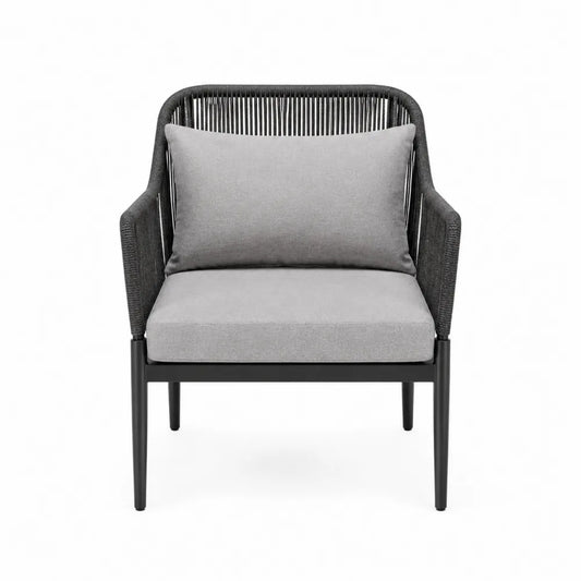 Fauteuil de jardin 1 place en aluminium et corde polyester noir avec coussins gris 72 x 68 x 82 cm