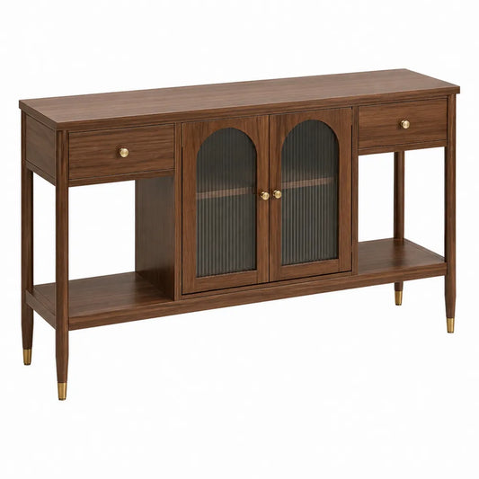 Table console rectangulaire effet noyer 140 x 35 x 82 cm en MDF avec 2 tiroirs 2 portes en verre strié fumé et poignées dorées