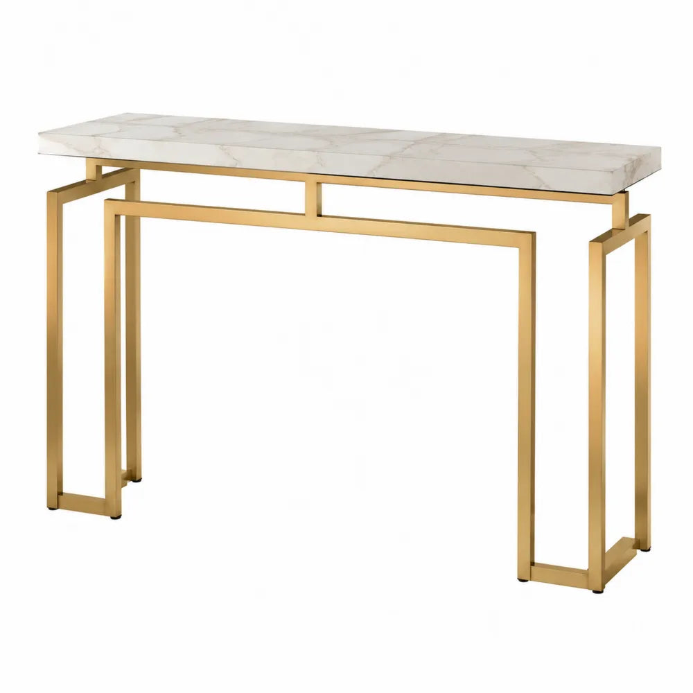 Table console rectangulaire 120 x 35 x 80 cm plateau en MDF effet marbre blanc structure en acier thermolaqué doré