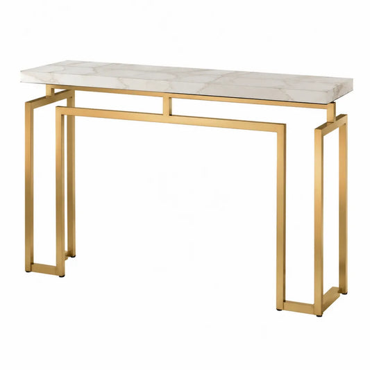 Table console rectangulaire 120 x 35 x 80 cm plateau en MDF effet marbre blanc structure en acier thermolaqué doré