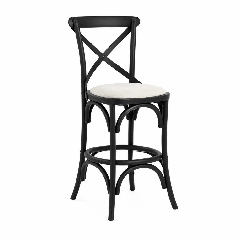 Tabouret de bar avec dossier croisé 46 x 52 x 108 cm acier noir assise polyester beige