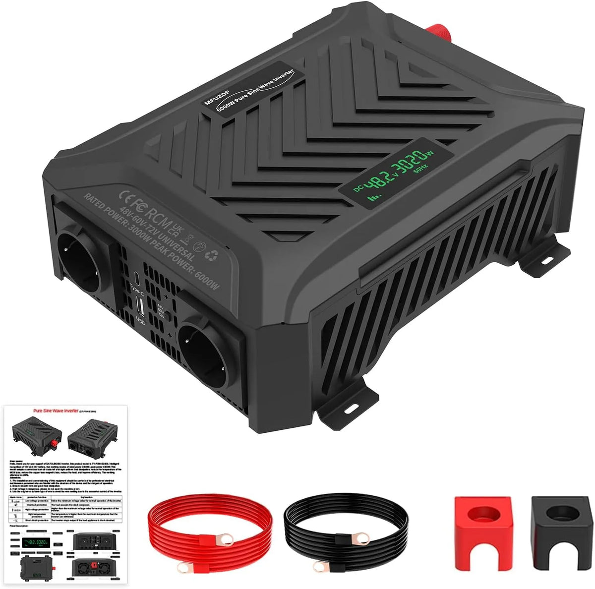 Convertisseur CC-CA et convertisseur de tension, 3000w, 6000w, 48V, 60V, onde sinusoïdale pure, avec USB-C