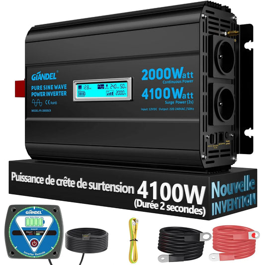 Type-C PD30W Convertisseur CC-CA et convertisseur de tension, alimentation solaire, 2000W, 4100W, 12V, 220V, onde sinusoïdale pure