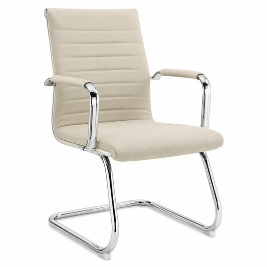 Chaise visiteur de bureau avec accoudoirs revêtement PU beige acier chromé piètement luge 58 x 62 x 94 cm