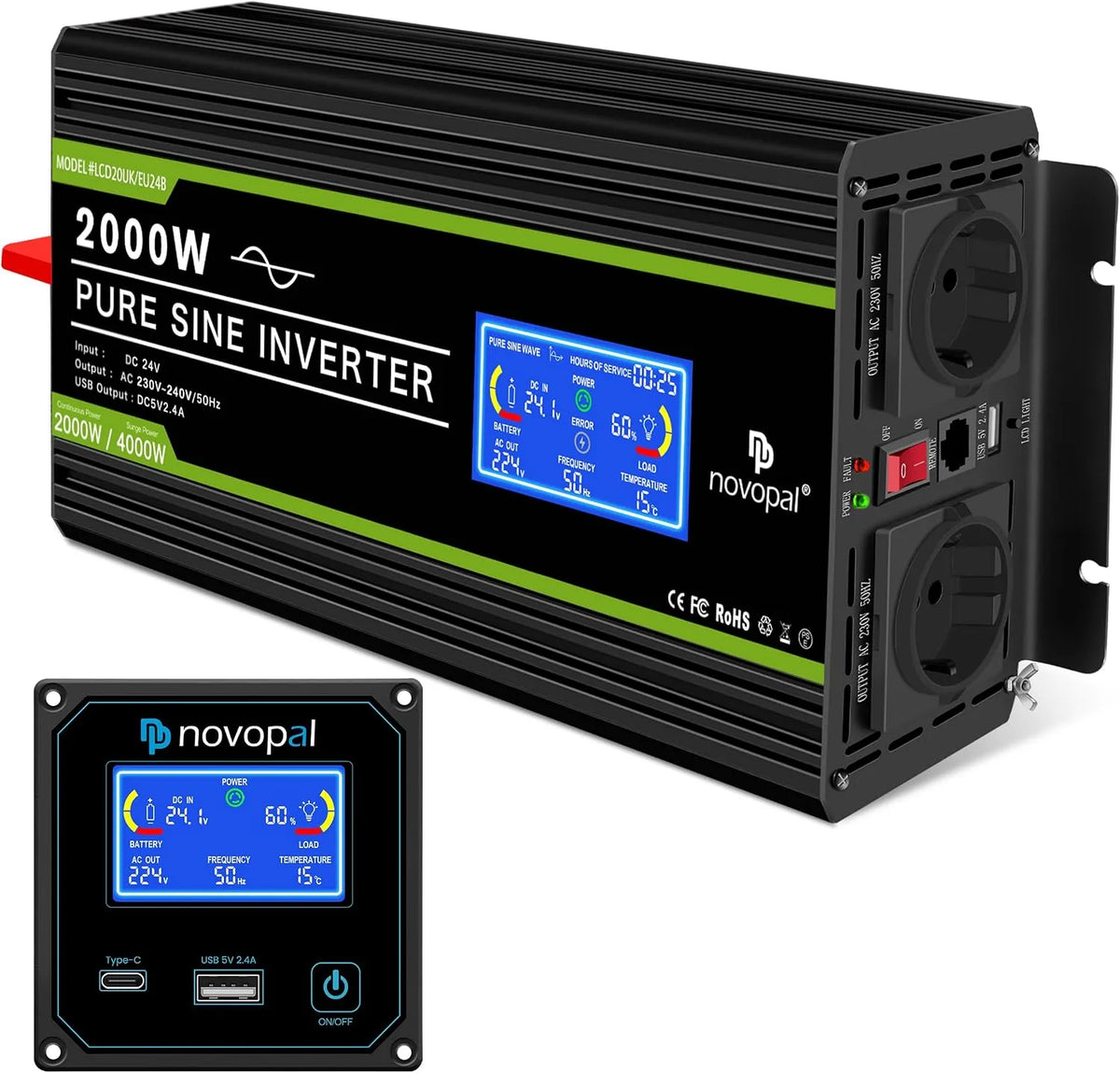 NOVOPAL 2000W 4000W Convertisseur Pur Sinus 24V 220V Transformateur