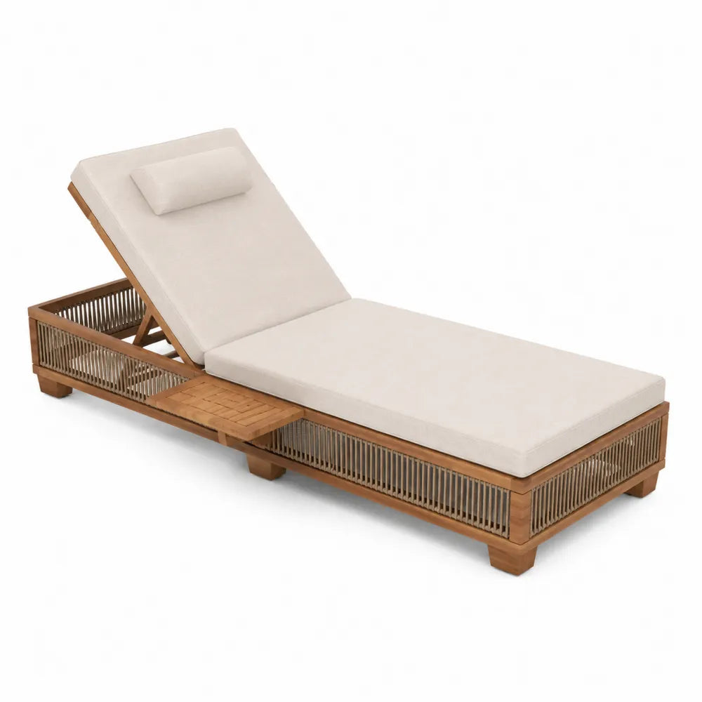 Bain de soleil d’extérieur réglable 200 x 75 x 83 cm acacia massif corde polyester taupe coussin écru