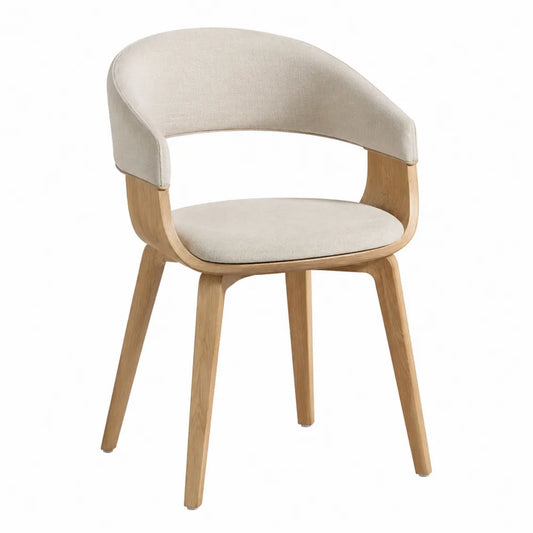 Chaise de salle à manger avec accoudoirs dossier arrondi en polyester beige clair et hêtre massif naturel 58 x 58 x 78 cm