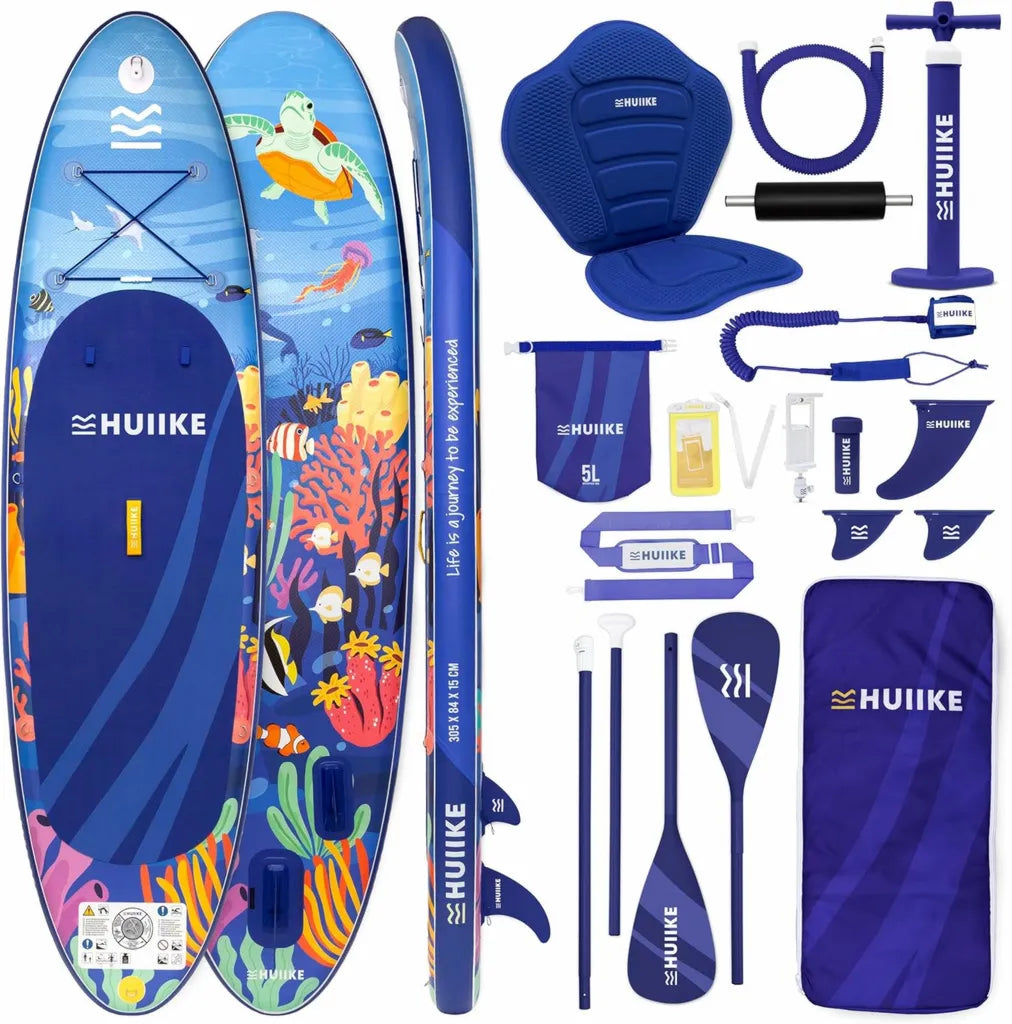 Planche à Pagaie Gonflable HUIIKE Adulte avec Kit Complet, Pagaie, Ailerons, Laisse, Pompe. Stabilité et Solidité Supérieures. Convertible Kayak, Longueur 305-365 cm, Capacité 130-170 kg