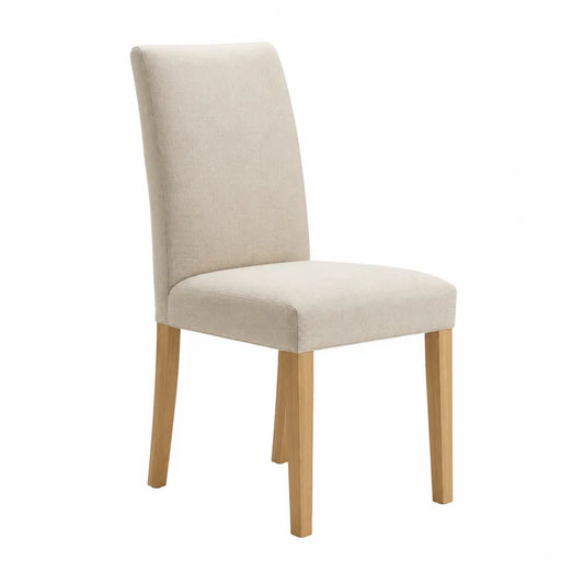 Chaise de salle à manger rembourrée sans accoudoirs dossier haut polyester beige pieds en hévéa massif naturel 47 x 60 x 101 cm