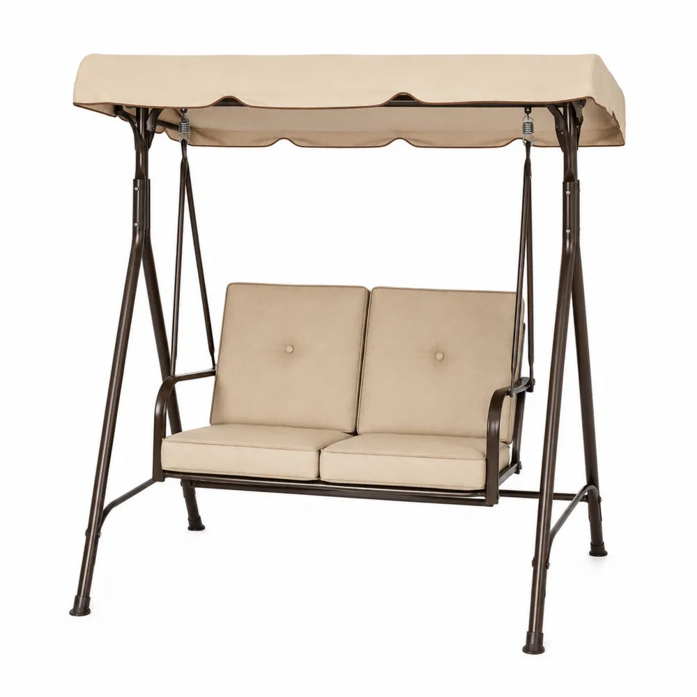 Balancelle de jardin 2 places en acier thermolaqué brun foncé et polyester beige avec coussins 170 x 110 x 153 cm