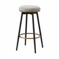 Tabouret de bar sans dossier assise ronde rembourrée tissu polyester gris structure en acier noir repose-pieds doré 45 cm x 45 cm x 76 cm