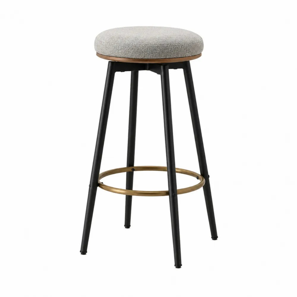 Tabouret de bar sans dossier assise ronde rembourrée tissu polyester gris structure en acier noir repose-pieds doré 45 cm x 45 cm x 76 cm