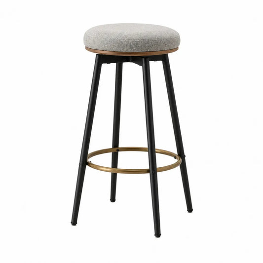 Tabouret de bar sans dossier assise ronde rembourrée tissu polyester gris structure en acier noir repose-pieds doré 45 cm x 45 cm x 76 cm