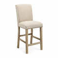 Tabouret de bar avec dossier assise carrée rembourrée tissu polyester beige hévéa massif chêne clair 45 cm x 54 cm x 108 cm