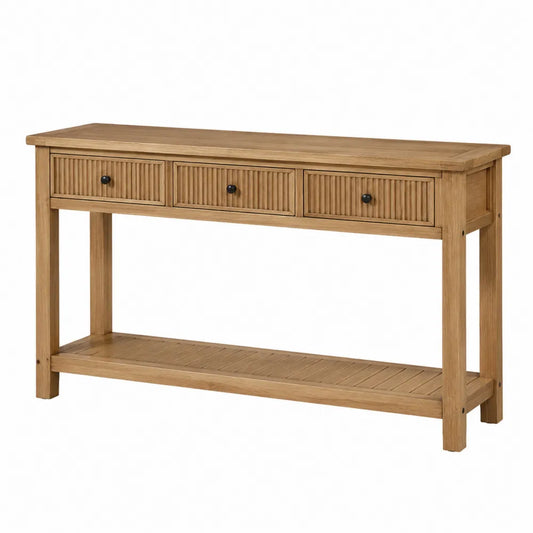 Table console rectangulaire en bambou naturel avec 3 tiroirs et tablette basse 120 x 35 x 80 cm