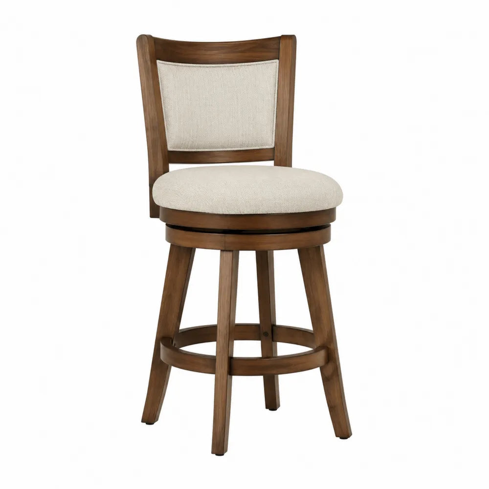 Tabouret de bar pivotant avec dossier assise ronde rembourrée tissu polyester beige hévéa massif brun 50 cm x 52 cm x 108 cm