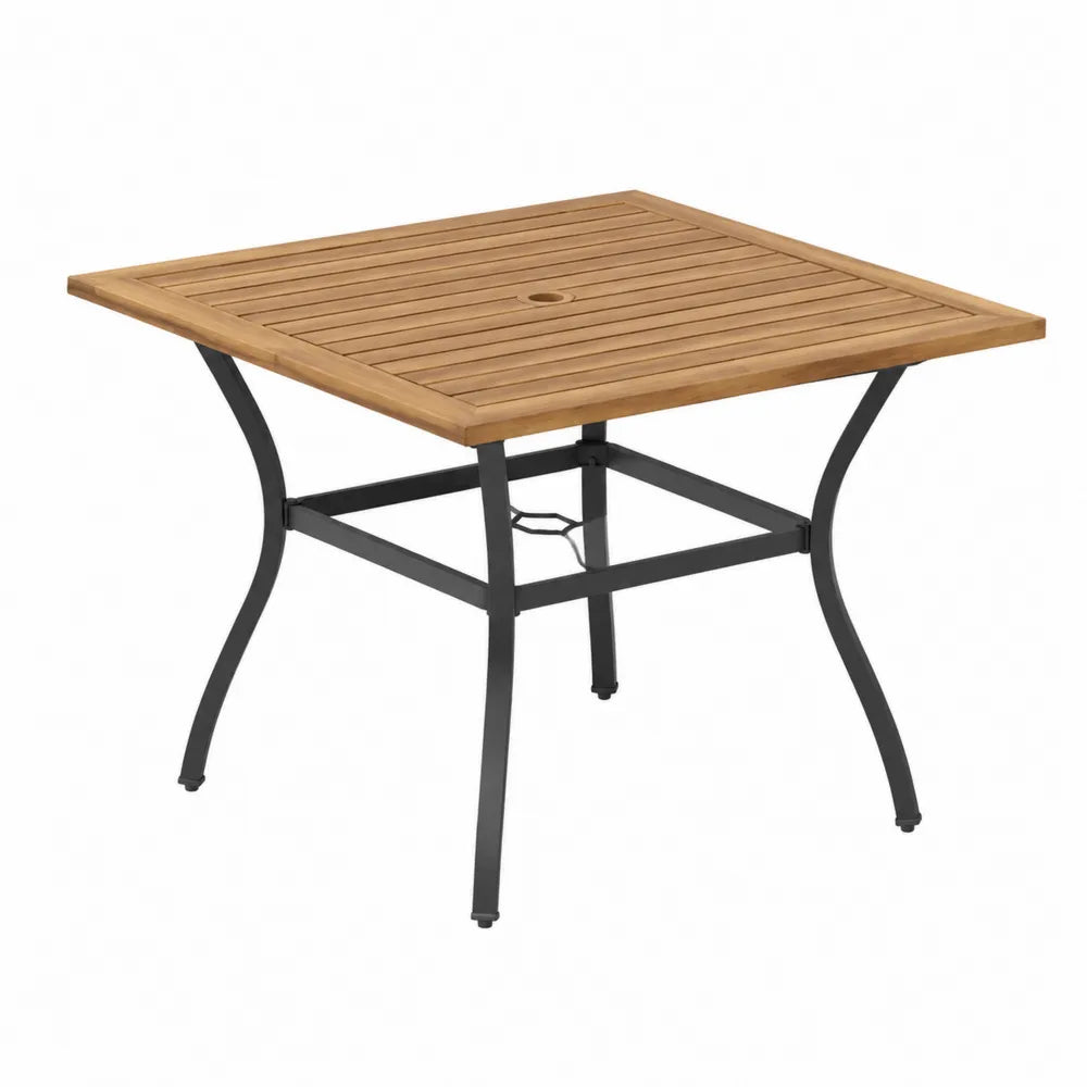 Table de jardin carrée 90 x 90 x 74 cm plateau en acacia massif à lattes cadre en acier noir avec trou pour parasol