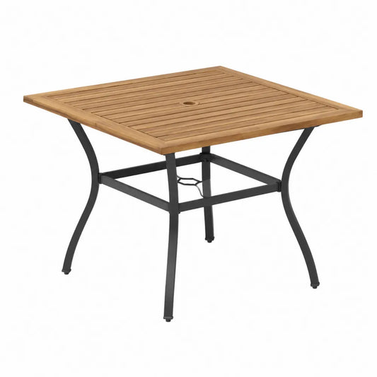 Table de jardin carrée 90 x 90 x 74 cm plateau en acacia massif à lattes cadre en acier noir avec trou pour parasol