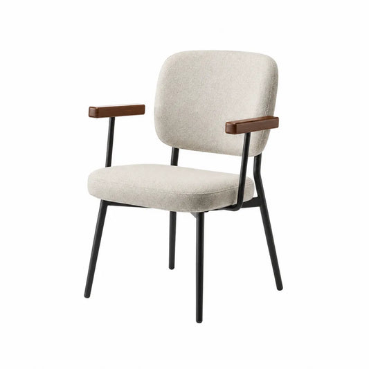 Chaise de salle à manger avec accoudoirs revêtement polyester beige structure acier noir accoudoirs hévéa marron 58 x 60 x 82 cm