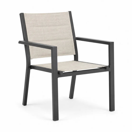 Chaise de jardin avec accoudoirs en aluminium thermolaqué noir et textilène beige 58 x 60 x 88 cm