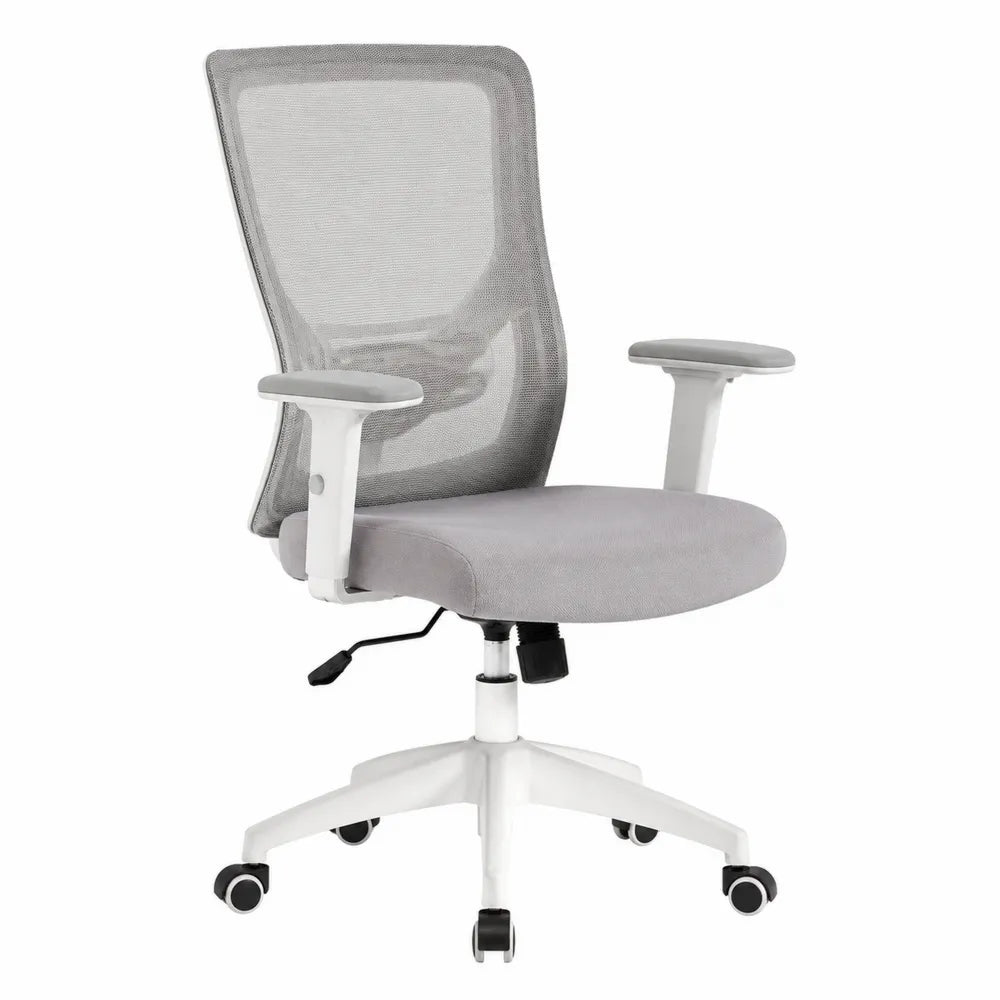 Chaise de bureau pivotante réglable en hauteur avec accoudoirs dossier en maille polyester gris base polypropylène blanche à roulettes 60 x 60 x 93-103 cm