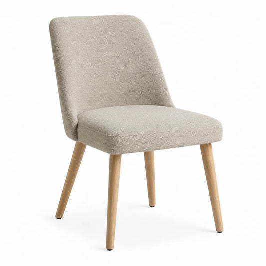 Chaise de salle à manger rembourrée sans accoudoirs en tissu bouclé polyester beige pieds en hévéa massif naturel 49 x 58 x 86 cm