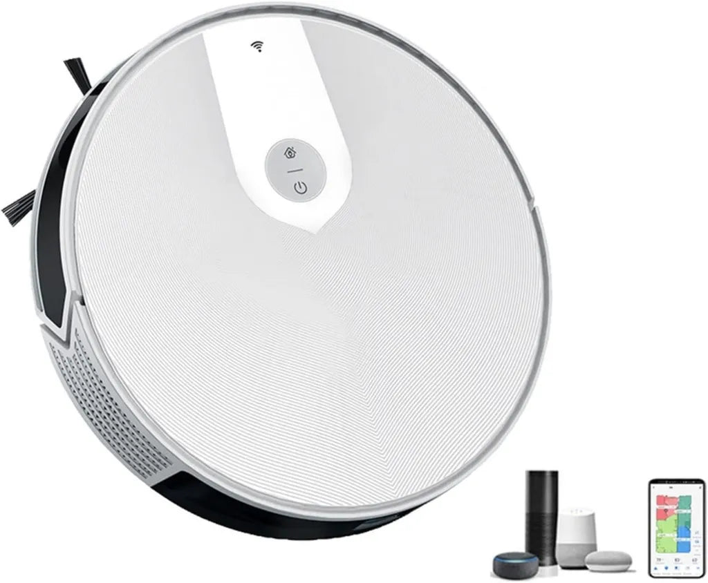 Aspirateur Robot DieffematicJQX 3-en-1 avec Contrôle Vocal, Aspiration, Nettoyage et Balayage - Blanc