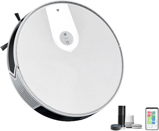 Aspirateur Robot DieffematicJQX 3-en-1 avec Contrôle Vocal, Aspiration, Nettoyage et Balayage - Blanc