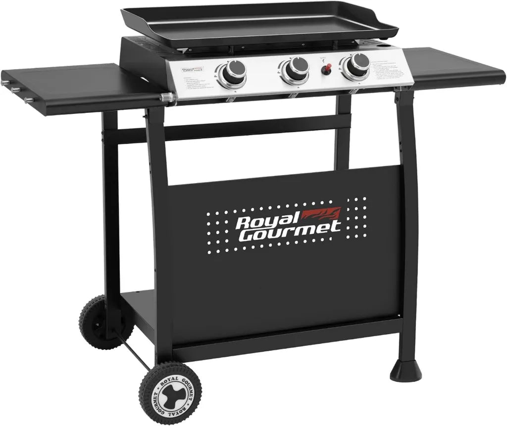 Plancha à Gaz sur Chariot Royal Gourmet, 3 Brûleurs 7,5 kW, Plaque Amovible 62 x 35,5 cm, 2 Tablettes et Roues, Portable pour Jardin, Noir