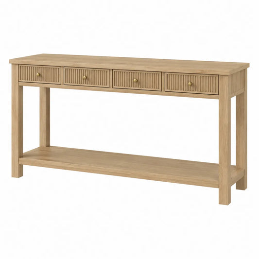 Table console rectangulaire effet chêne clair avec 4 tiroirs et étagère 120 x 35 x 80 cm en panneaux de particules mélaminés